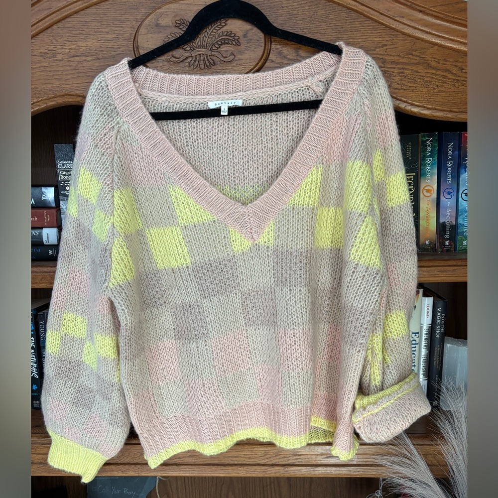 Yellow V-Neck Checkered Sweater